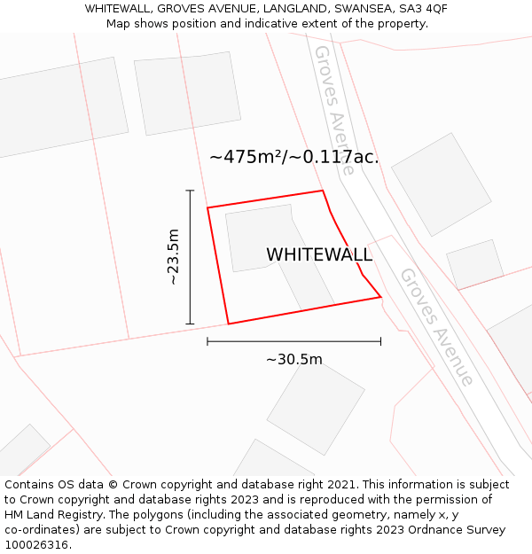 WHITEWALL, GROVES AVENUE, LANGLAND, SWANSEA, SA3 4QF: Plot and title map