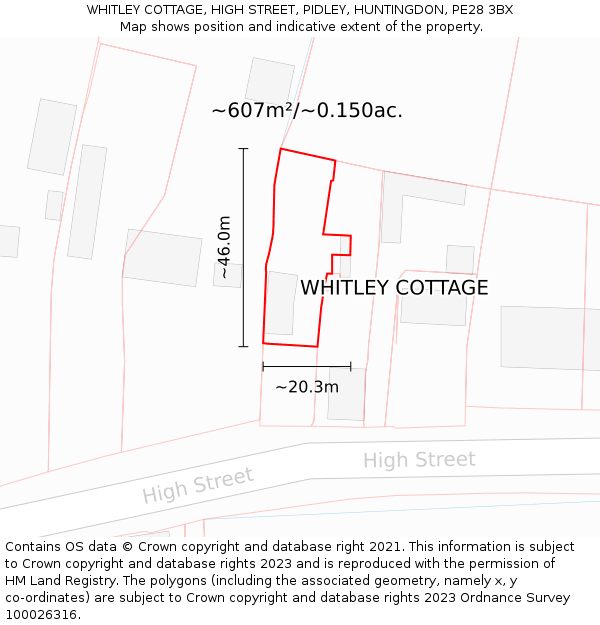 WHITLEY COTTAGE, HIGH STREET, PIDLEY, HUNTINGDON, PE28 3BX: Plot and title map