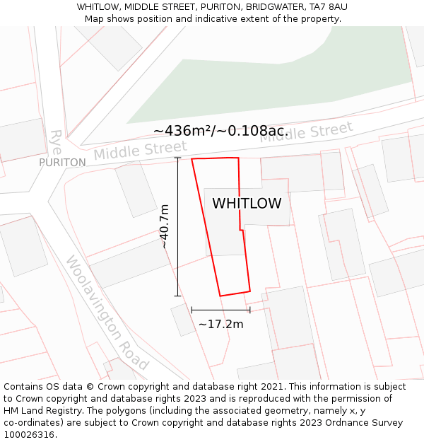 WHITLOW, MIDDLE STREET, PURITON, BRIDGWATER, TA7 8AU: Plot and title map