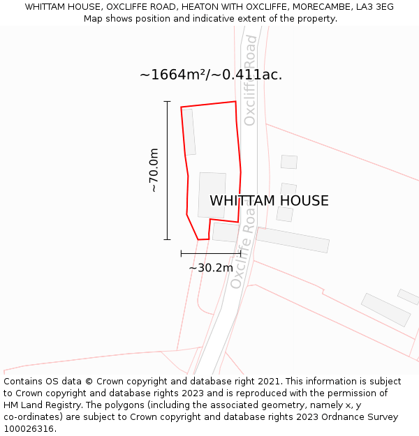 WHITTAM HOUSE, OXCLIFFE ROAD, HEATON WITH OXCLIFFE, MORECAMBE, LA3 3EG: Plot and title map