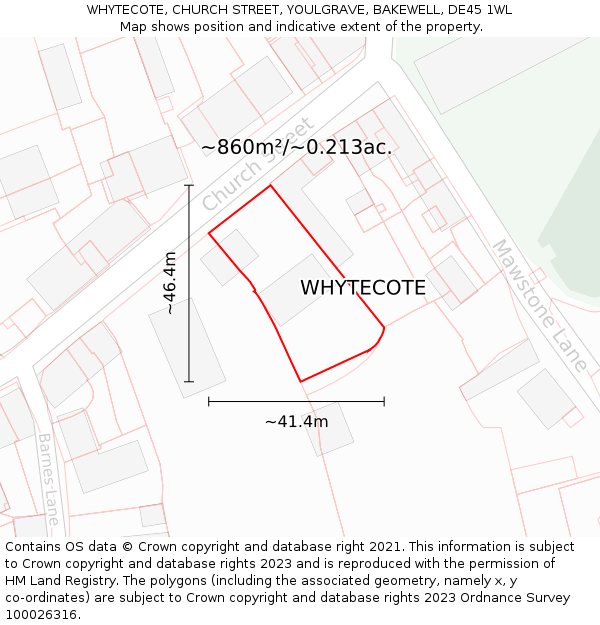 WHYTECOTE, CHURCH STREET, YOULGRAVE, BAKEWELL, DE45 1WL: Plot and title map