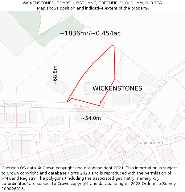 WICKENSTONES, BOARSHURST LANE, GREENFIELD, OLDHAM, OL3 7EA: Plot and title map