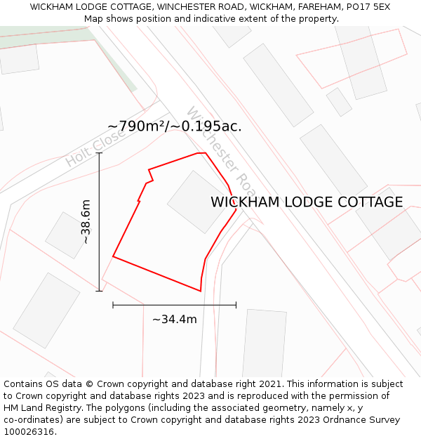 WICKHAM LODGE COTTAGE, WINCHESTER ROAD, WICKHAM, FAREHAM, PO17 5EX: Plot and title map