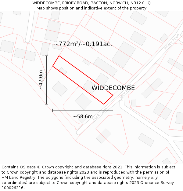 WIDDECOMBE, PRIORY ROAD, BACTON, NORWICH, NR12 0HQ: Plot and title map