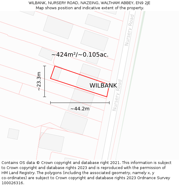 WILBANK, NURSERY ROAD, NAZEING, WALTHAM ABBEY, EN9 2JE: Plot and title map