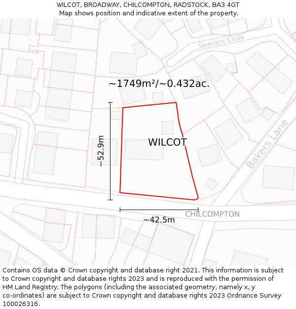 WILCOT, BROADWAY, CHILCOMPTON, RADSTOCK, BA3 4GT: Plot and title map