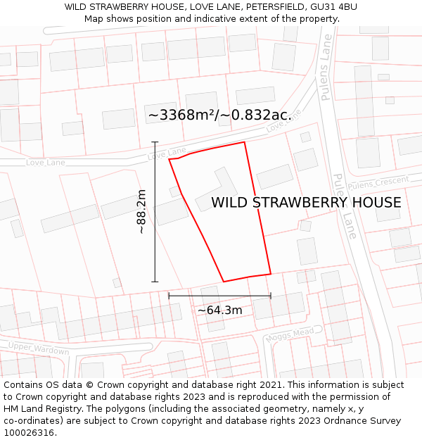 WILD STRAWBERRY HOUSE, LOVE LANE, PETERSFIELD, GU31 4BU: Plot and title map