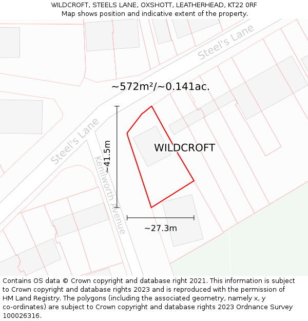 WILDCROFT, STEELS LANE, OXSHOTT, LEATHERHEAD, KT22 0RF: Plot and title map
