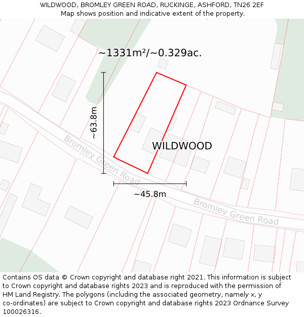 WILDWOOD, BROMLEY GREEN ROAD, RUCKINGE, ASHFORD, TN26 2EF: Plot and title map