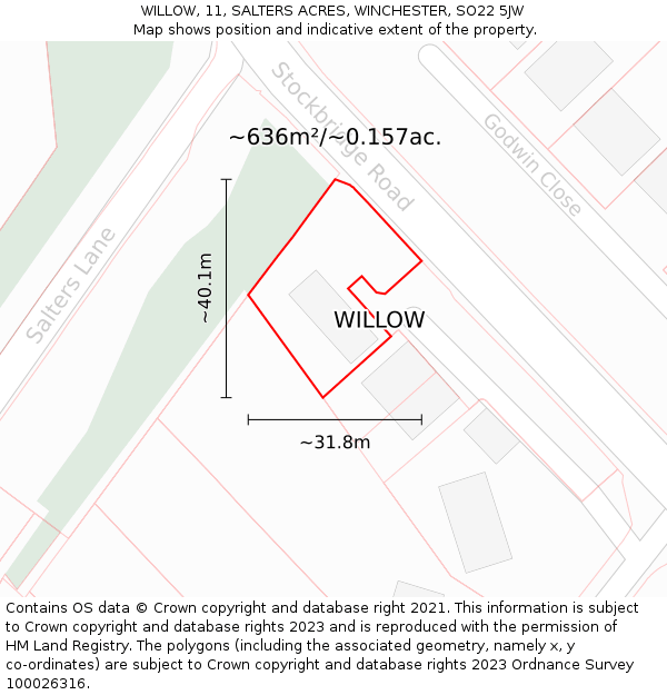 WILLOW, 11, SALTERS ACRES, WINCHESTER, SO22 5JW: Plot and title map