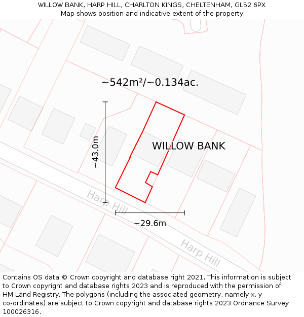 WILLOW BANK, HARP HILL, CHARLTON KINGS, CHELTENHAM, GL52 6PX: Plot and title map