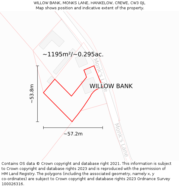 WILLOW BANK, MONKS LANE, HANKELOW, CREWE, CW3 0JL: Plot and title map