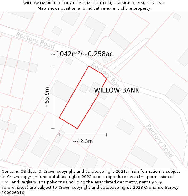 WILLOW BANK, RECTORY ROAD, MIDDLETON, SAXMUNDHAM, IP17 3NR: Plot and title map