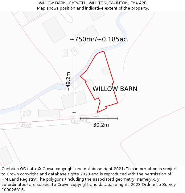 WILLOW BARN, CATWELL, WILLITON, TAUNTON, TA4 4PF: Plot and title map