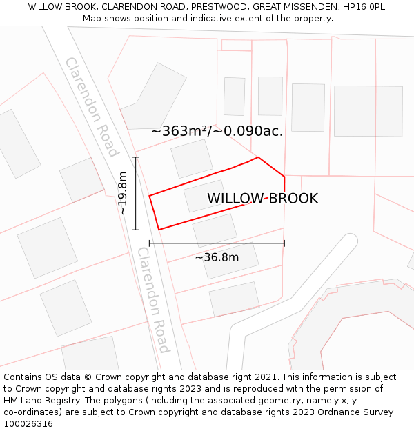 WILLOW BROOK, CLARENDON ROAD, PRESTWOOD, GREAT MISSENDEN, HP16 0PL: Plot and title map