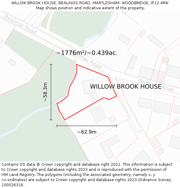 WILLOW BROOK HOUSE, BEALINGS ROAD, MARTLESHAM, WOODBRIDGE, IP12 4RW: Plot and title map