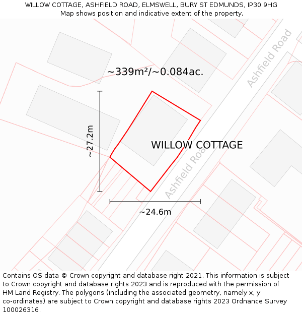 WILLOW COTTAGE, ASHFIELD ROAD, ELMSWELL, BURY ST EDMUNDS, IP30 9HG: Plot and title map