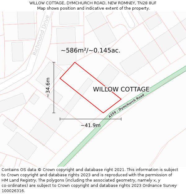 WILLOW COTTAGE, DYMCHURCH ROAD, NEW ROMNEY, TN28 8UF: Plot and title map