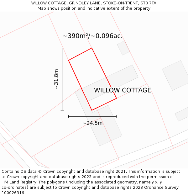 WILLOW COTTAGE, GRINDLEY LANE, STOKE-ON-TRENT, ST3 7TA: Plot and title map