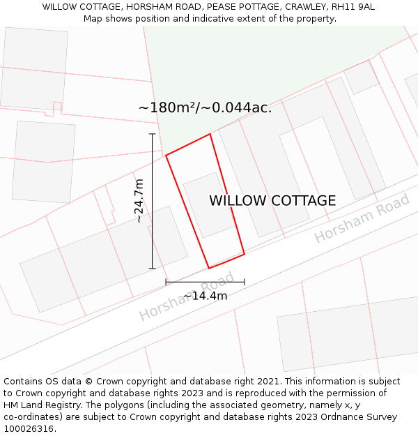 WILLOW COTTAGE, HORSHAM ROAD, PEASE POTTAGE, CRAWLEY, RH11 9AL: Plot and title map