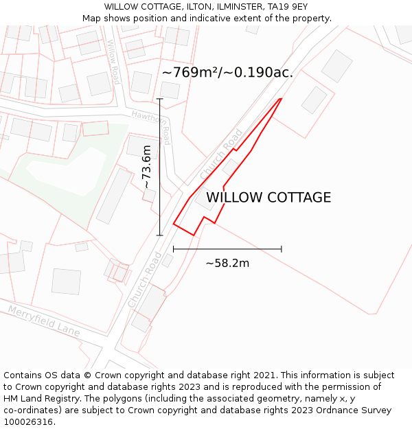 WILLOW COTTAGE, ILTON, ILMINSTER, TA19 9EY: Plot and title map