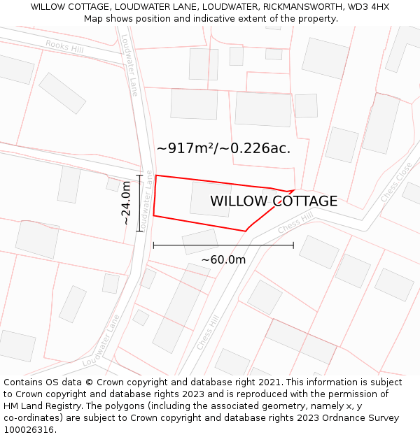 WILLOW COTTAGE, LOUDWATER LANE, LOUDWATER, RICKMANSWORTH, WD3 4HX: Plot and title map