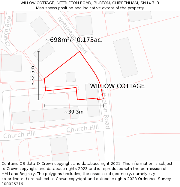 WILLOW COTTAGE, NETTLETON ROAD, BURTON, CHIPPENHAM, SN14 7LR: Plot and title map