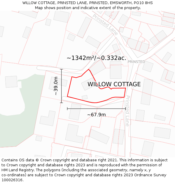 WILLOW COTTAGE, PRINSTED LANE, PRINSTED, EMSWORTH, PO10 8HS: Plot and title map