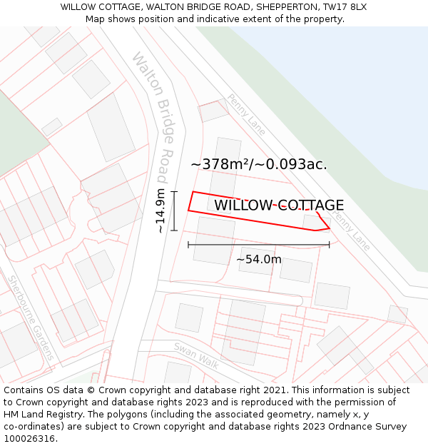 WILLOW COTTAGE, WALTON BRIDGE ROAD, SHEPPERTON, TW17 8LX: Plot and title map
