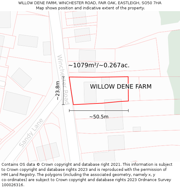 WILLOW DENE FARM, WINCHESTER ROAD, FAIR OAK, EASTLEIGH, SO50 7HA: Plot and title map