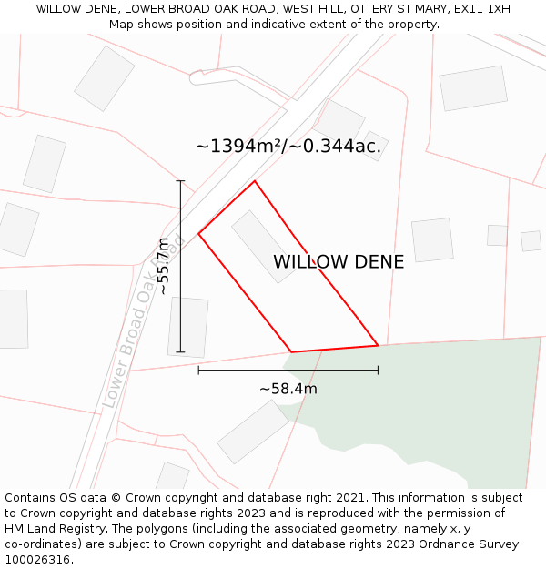 WILLOW DENE, LOWER BROAD OAK ROAD, WEST HILL, OTTERY ST MARY, EX11 1XH: Plot and title map