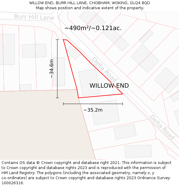WILLOW END, BURR HILL LANE, CHOBHAM, WOKING, GU24 8QD: Plot and title map