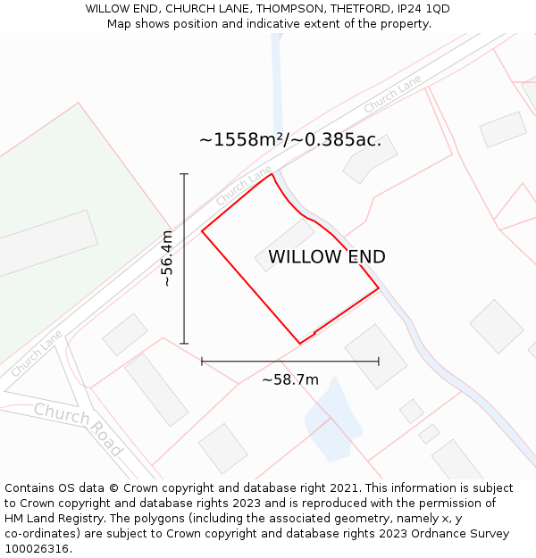 WILLOW END, CHURCH LANE, THOMPSON, THETFORD, IP24 1QD: Plot and title map