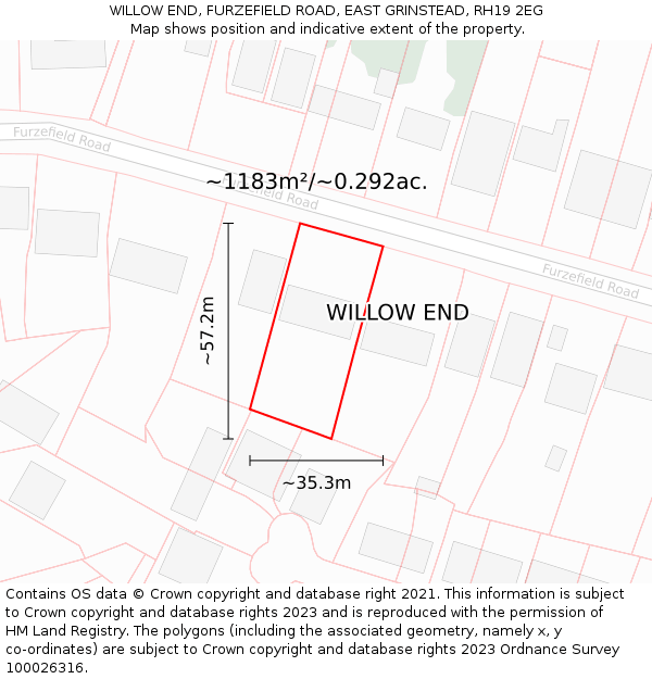 WILLOW END, FURZEFIELD ROAD, EAST GRINSTEAD, RH19 2EG: Plot and title map