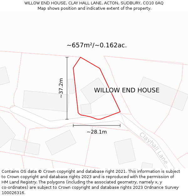 WILLOW END HOUSE, CLAY HALL LANE, ACTON, SUDBURY, CO10 0AQ: Plot and title map