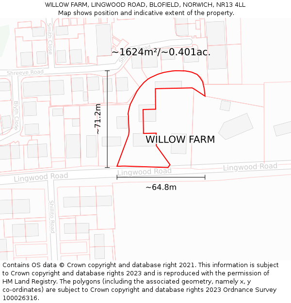 WILLOW FARM, LINGWOOD ROAD, BLOFIELD, NORWICH, NR13 4LL: Plot and title map