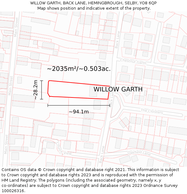 WILLOW GARTH, BACK LANE, HEMINGBROUGH, SELBY, YO8 6QP: Plot and title map