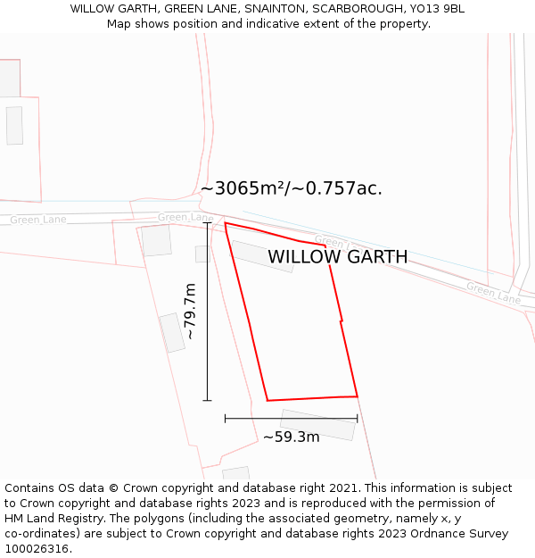 WILLOW GARTH, GREEN LANE, SNAINTON, SCARBOROUGH, YO13 9BL: Plot and title map