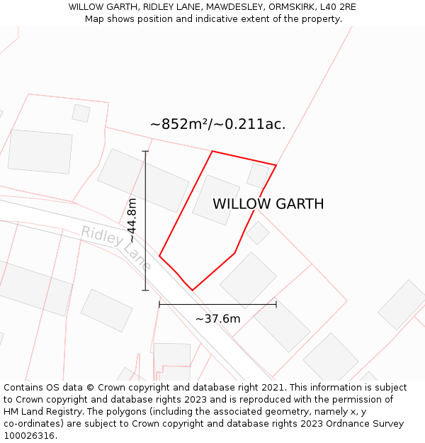 WILLOW GARTH, RIDLEY LANE, MAWDESLEY, ORMSKIRK, L40 2RE: Plot and title map