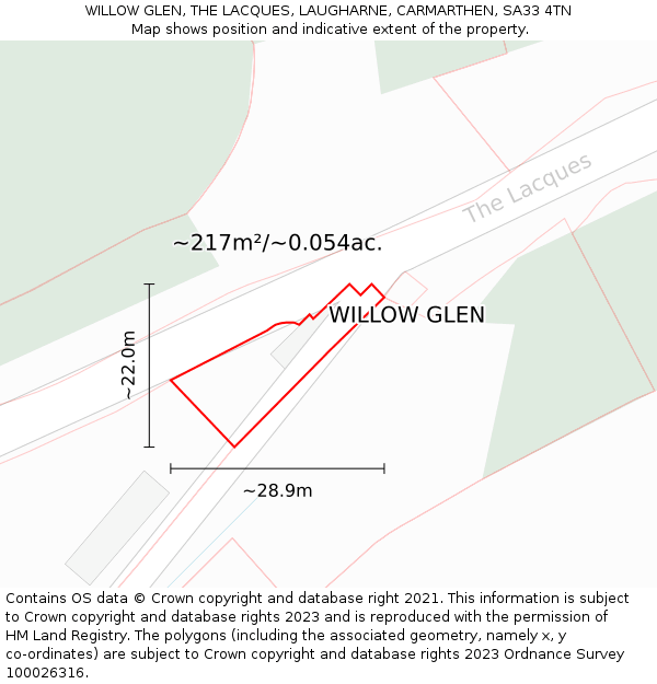 WILLOW GLEN, THE LACQUES, LAUGHARNE, CARMARTHEN, SA33 4TN: Plot and title map