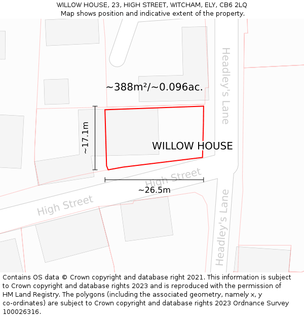 WILLOW HOUSE, 23, HIGH STREET, WITCHAM, ELY, CB6 2LQ: Plot and title map