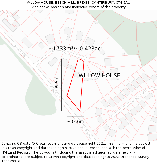 WILLOW HOUSE, BEECH HILL, BRIDGE, CANTERBURY, CT4 5AU: Plot and title map