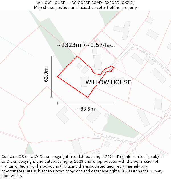 WILLOW HOUSE, HIDS COPSE ROAD, OXFORD, OX2 9JJ: Plot and title map