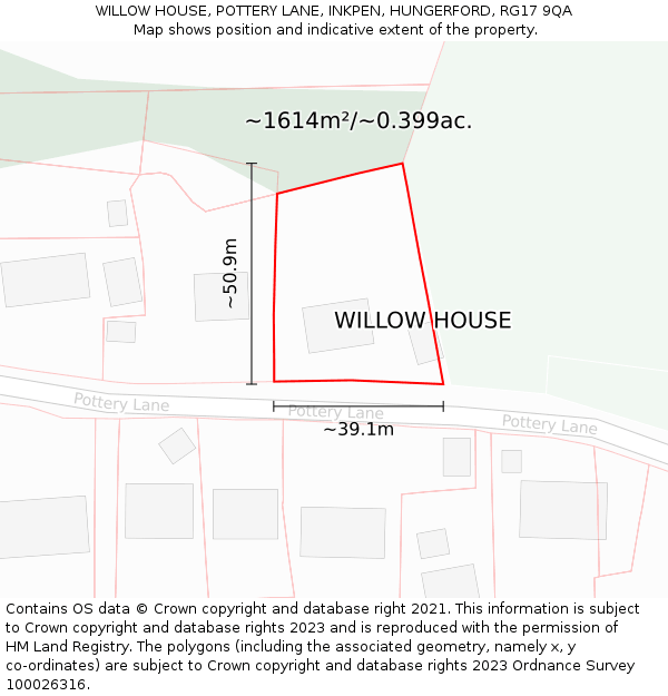 WILLOW HOUSE, POTTERY LANE, INKPEN, HUNGERFORD, RG17 9QA: Plot and title map