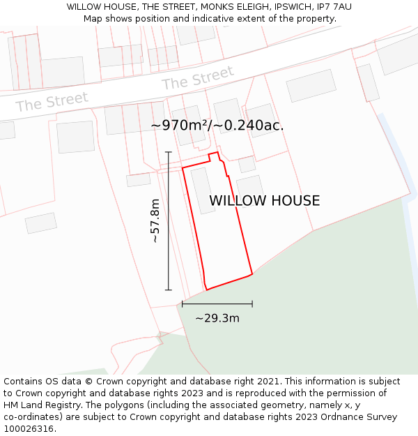 WILLOW HOUSE, THE STREET, MONKS ELEIGH, IPSWICH, IP7 7AU: Plot and title map