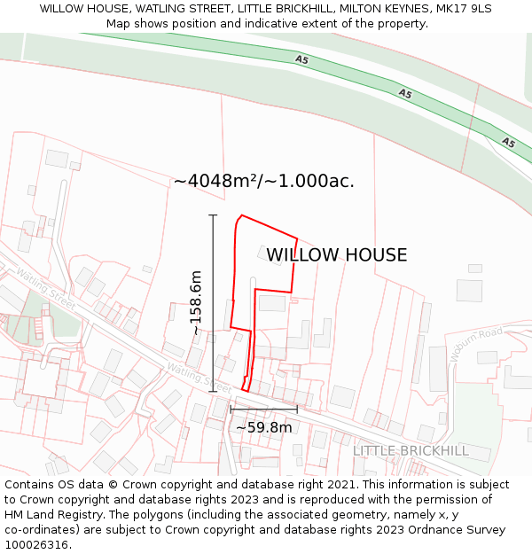 WILLOW HOUSE, WATLING STREET, LITTLE BRICKHILL, MILTON KEYNES, MK17 9LS: Plot and title map