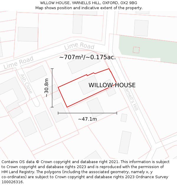 WILLOW HOUSE, YARNELLS HILL, OXFORD, OX2 9BG: Plot and title map