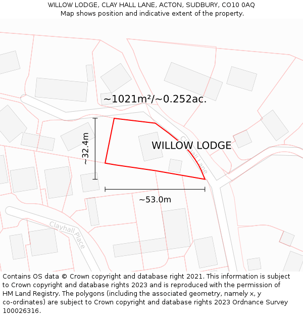 WILLOW LODGE, CLAY HALL LANE, ACTON, SUDBURY, CO10 0AQ: Plot and title map