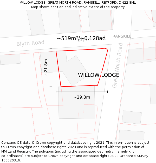 WILLOW LODGE, GREAT NORTH ROAD, RANSKILL, RETFORD, DN22 8NL: Plot and title map