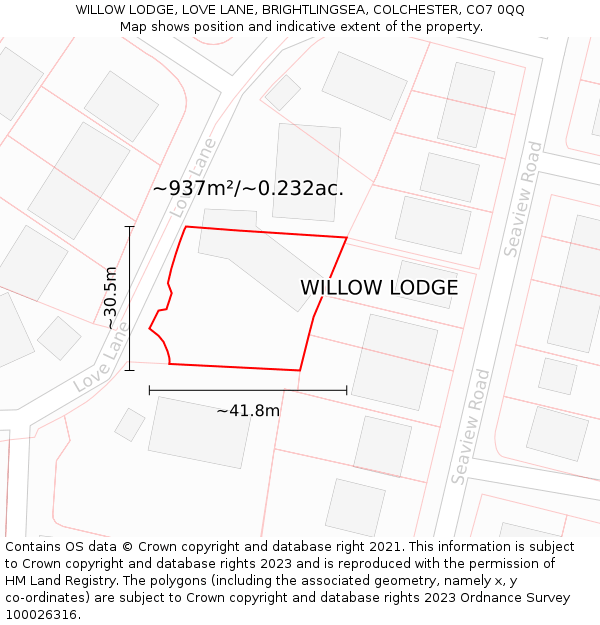 WILLOW LODGE, LOVE LANE, BRIGHTLINGSEA, COLCHESTER, CO7 0QQ: Plot and title map